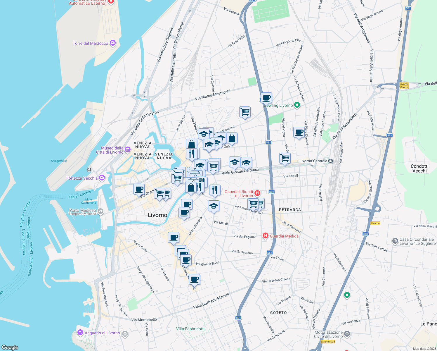 map of restaurants, bars, coffee shops, grocery stores, and more near 15 Viale Giosuè Carducci in Livorno