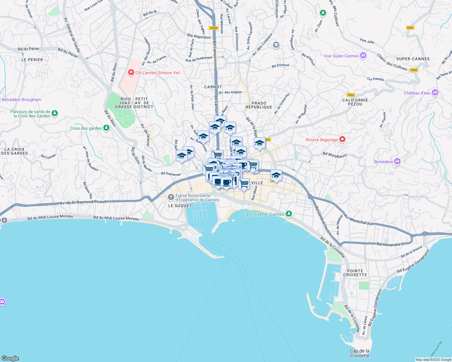 map of restaurants, bars, coffee shops, grocery stores, and more near 16 Rue Buttura in Cannes
