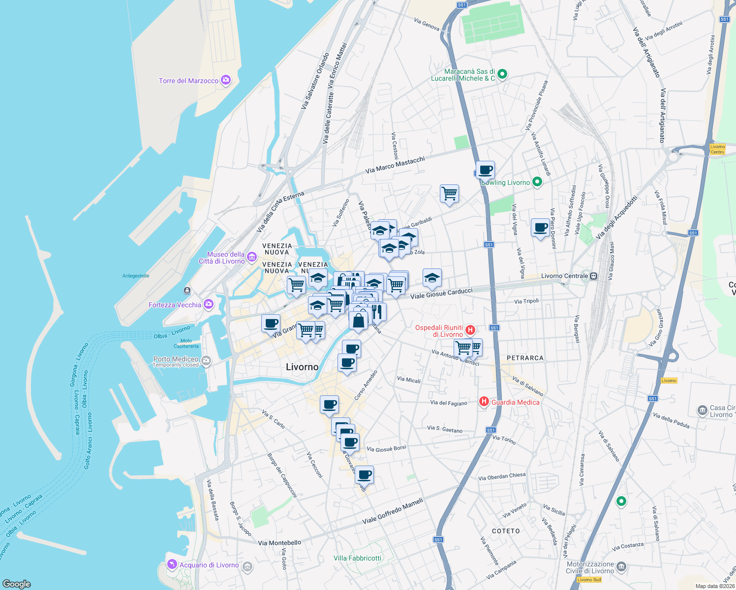 map of restaurants, bars, coffee shops, grocery stores, and more near 50 Via de Larderel in Livorno