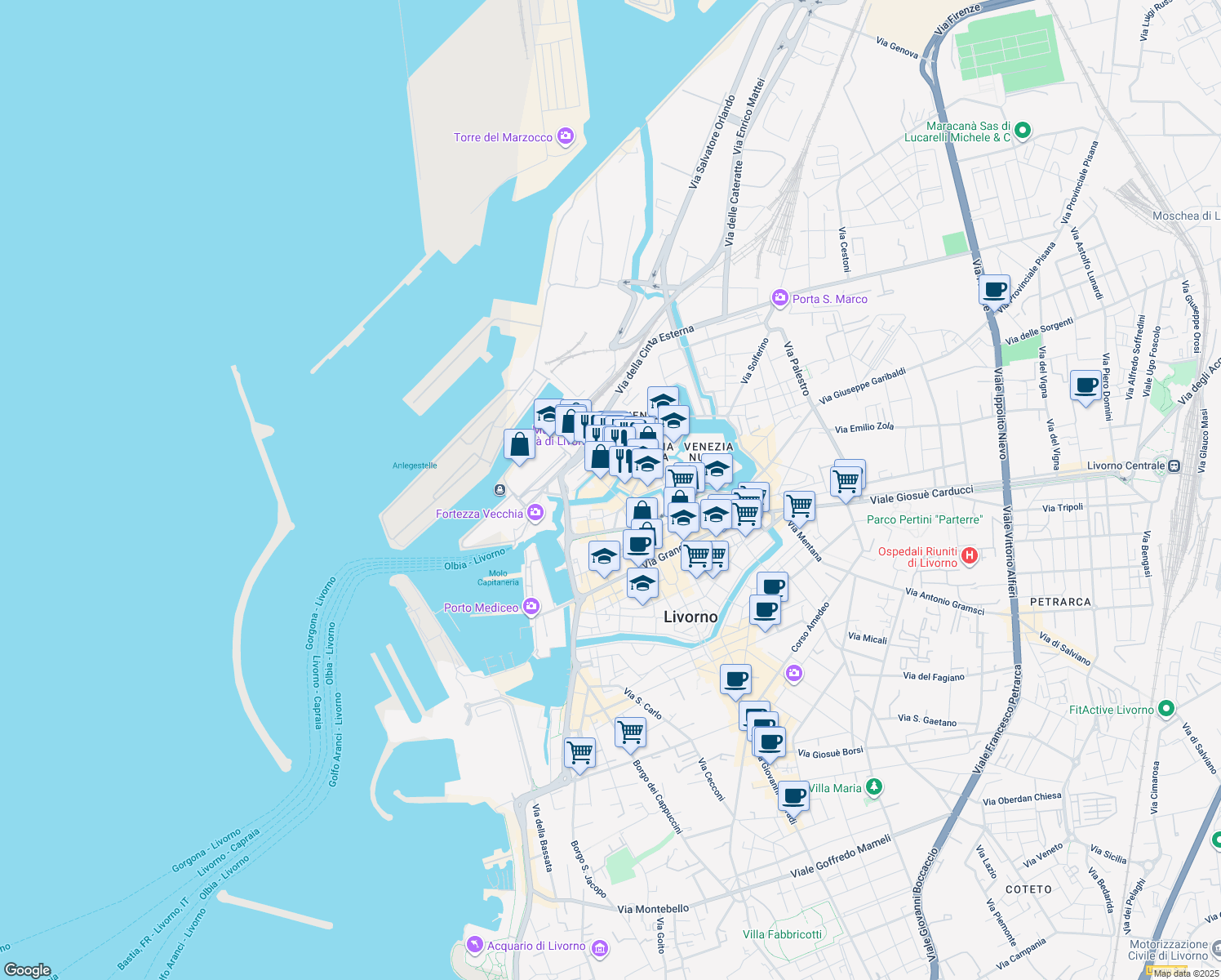 map of restaurants, bars, coffee shops, grocery stores, and more near 37 Viale Caprera in Livorno