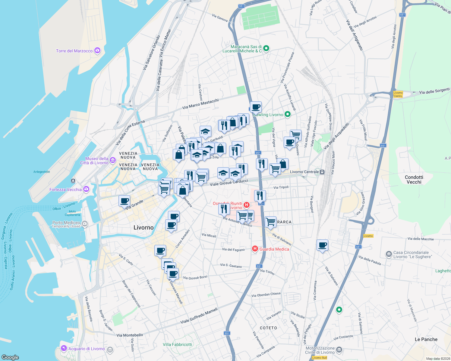 map of restaurants, bars, coffee shops, grocery stores, and more near 102 Via Giuseppe Maria Terreni in Livorno