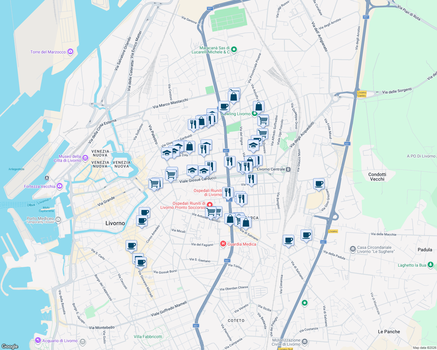 map of restaurants, bars, coffee shops, grocery stores, and more near 91 Viale Giosuè Carducci in Livorno