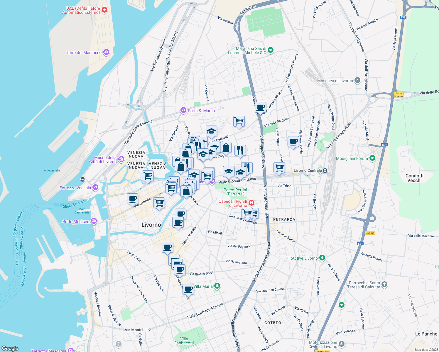 map of restaurants, bars, coffee shops, grocery stores, and more near 13 Via Giuseppe Maria Terreni in Livorno