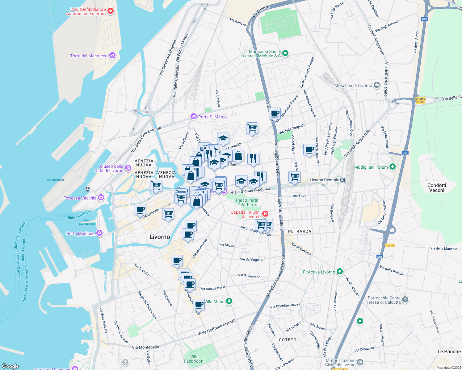 map of restaurants, bars, coffee shops, grocery stores, and more near 13 Via Giuseppe Maria Terreni in Livorno