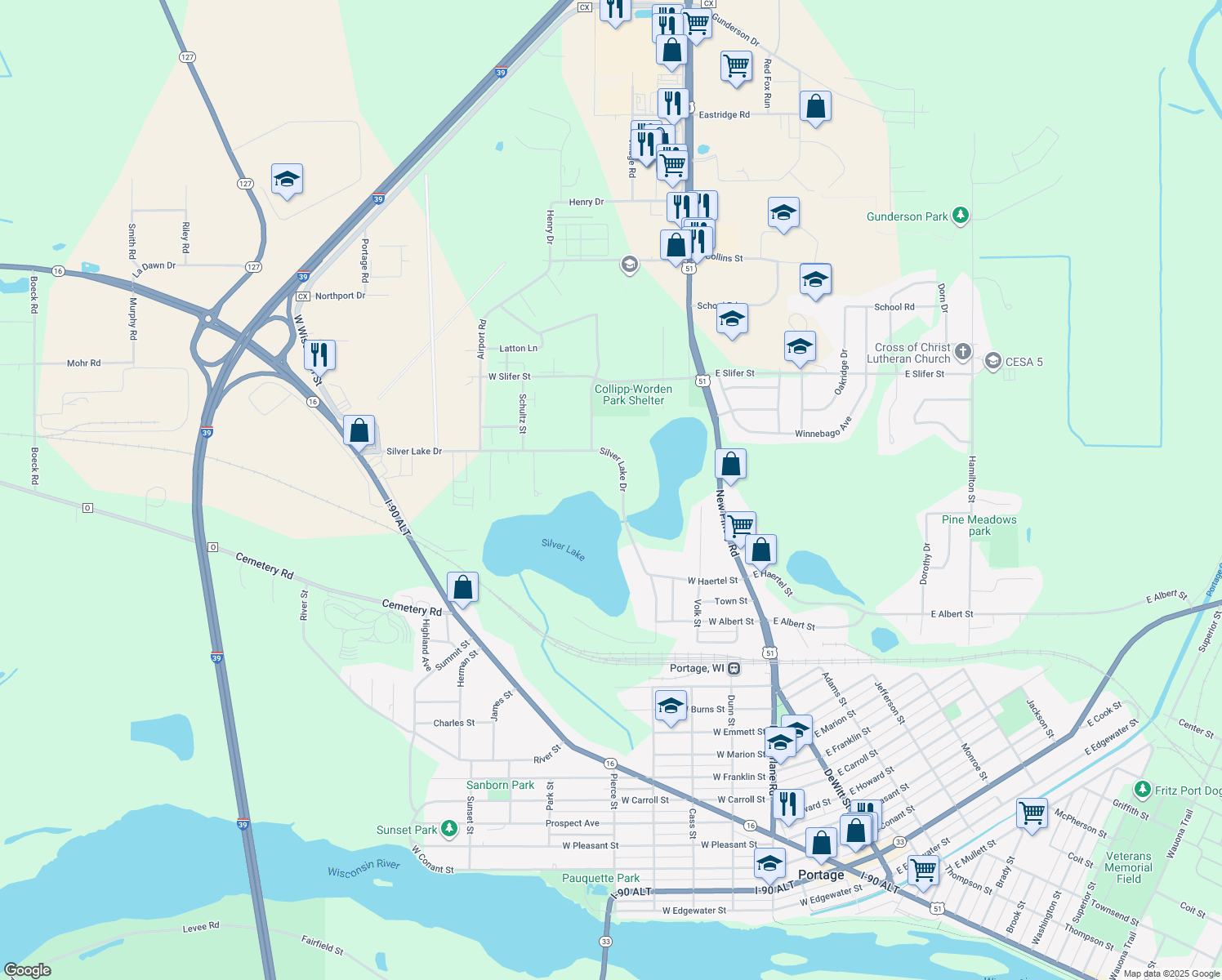 map of restaurants, bars, coffee shops, grocery stores, and more near 622 Silver Lake Dr in Portage