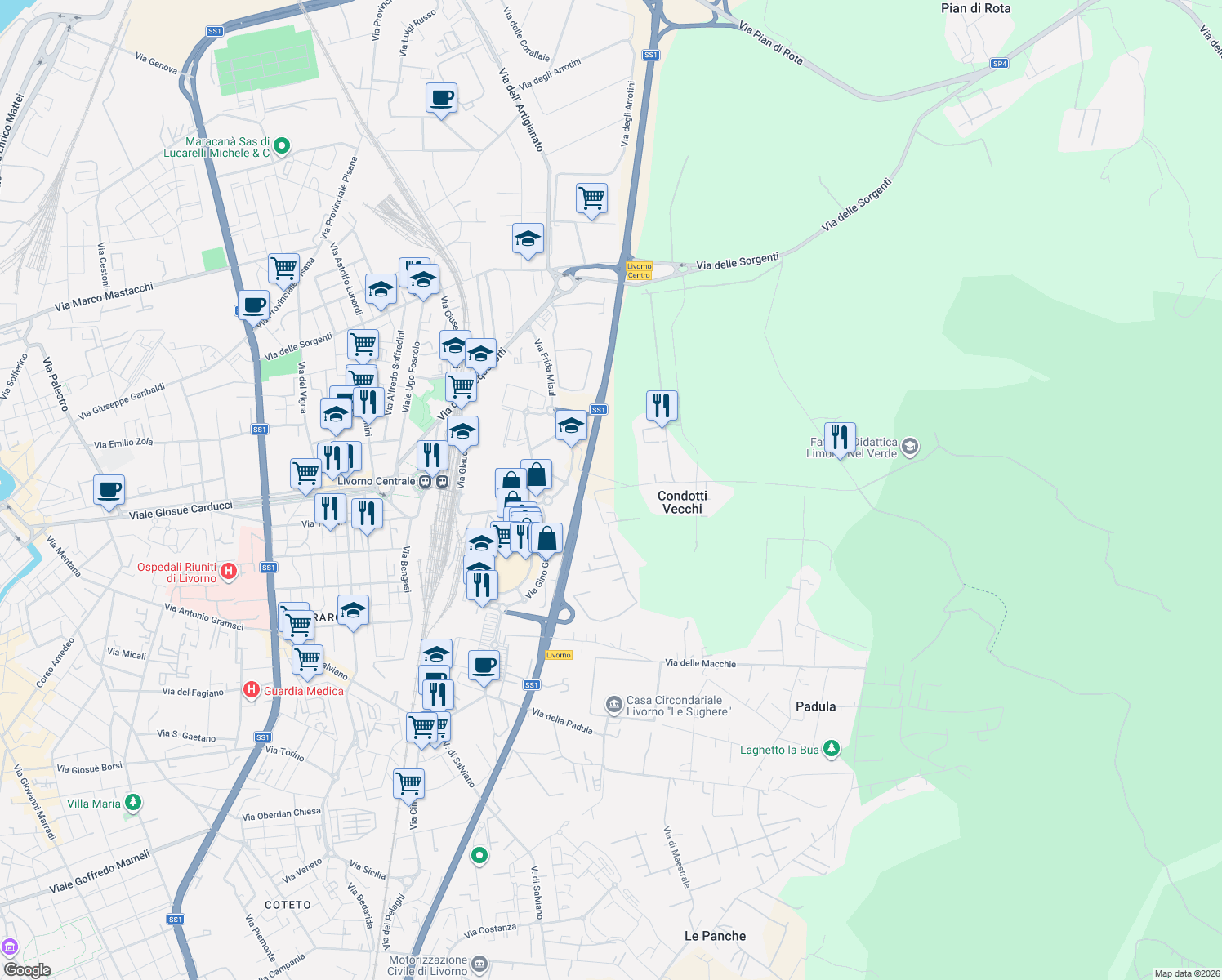 map of restaurants, bars, coffee shops, grocery stores, and more near 3 Via degli Agricoltori in Provincia di Livorno