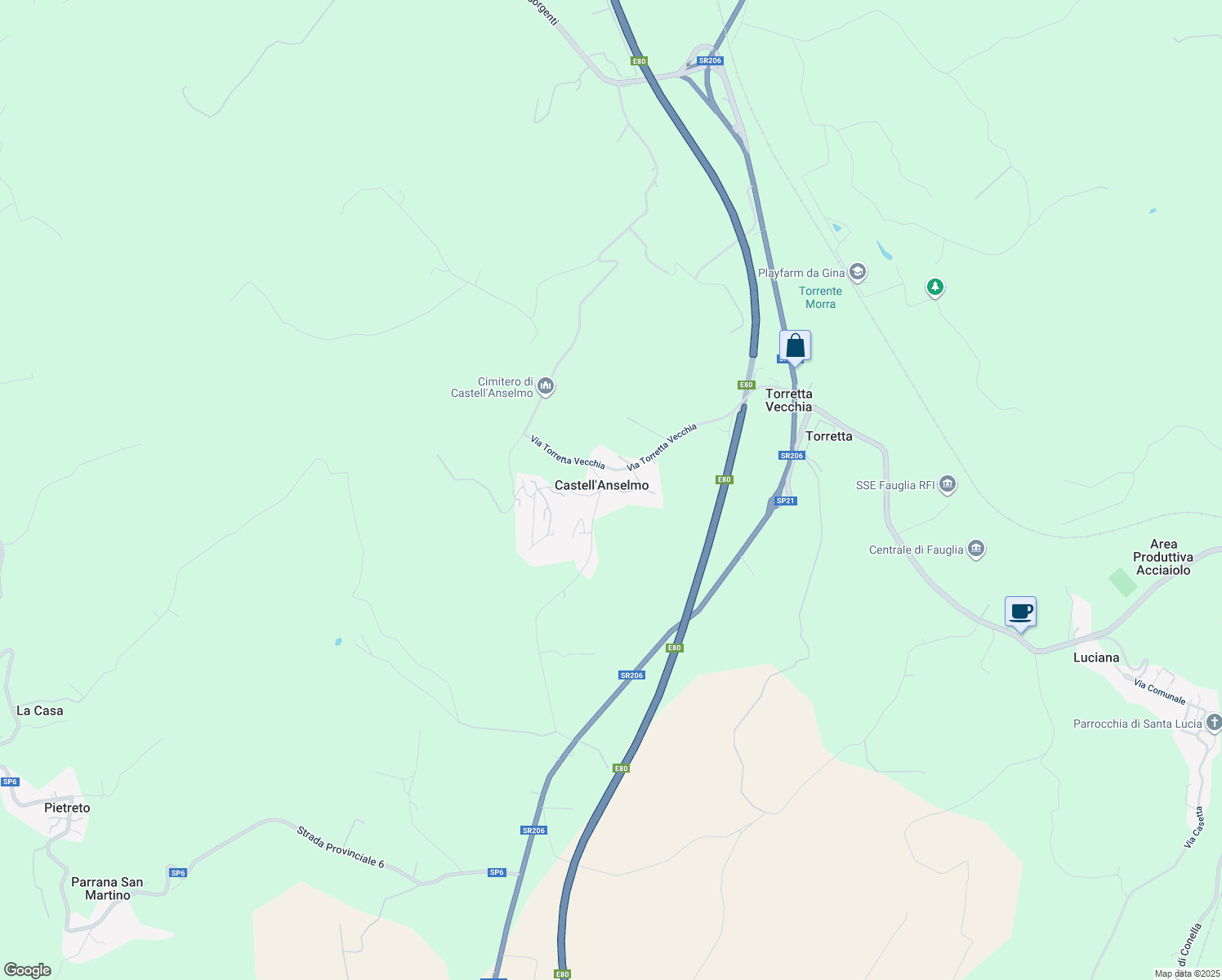 map of restaurants, bars, coffee shops, grocery stores, and more near 50 Via delle Corti in Castell'anselmo