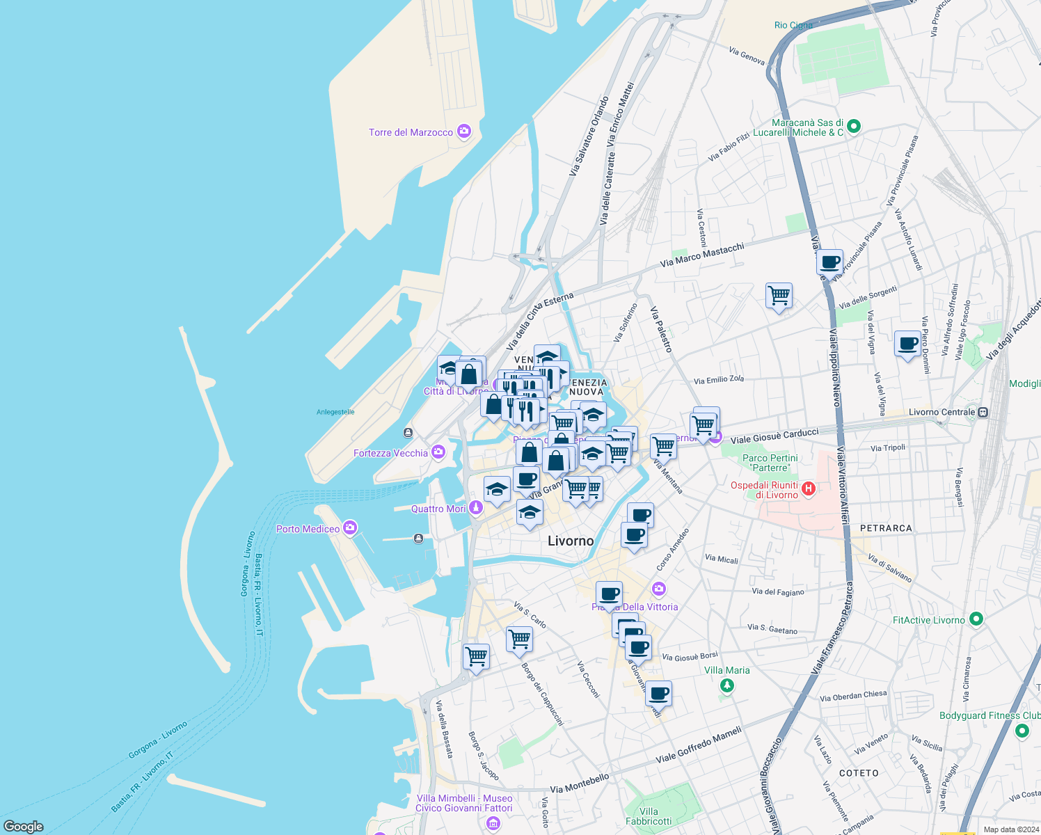 map of restaurants, bars, coffee shops, grocery stores, and more near 34 Via Borra in Livorno