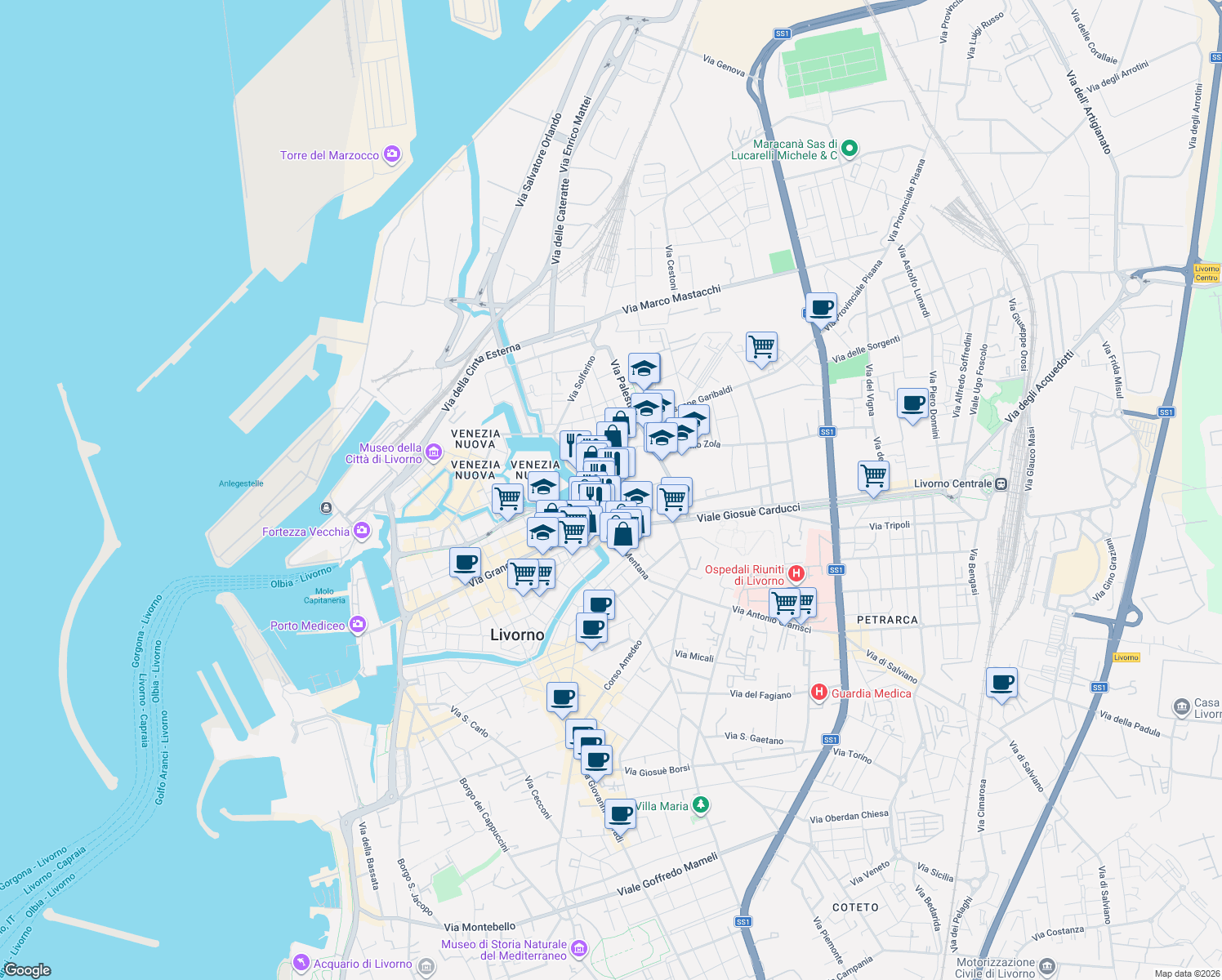 map of restaurants, bars, coffee shops, grocery stores, and more near 61 Via Terrazzini in Livorno