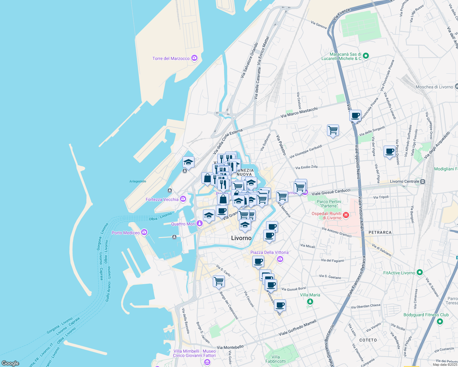 map of restaurants, bars, coffee shops, grocery stores, and more near 22 Scali del Refugio in Livorno