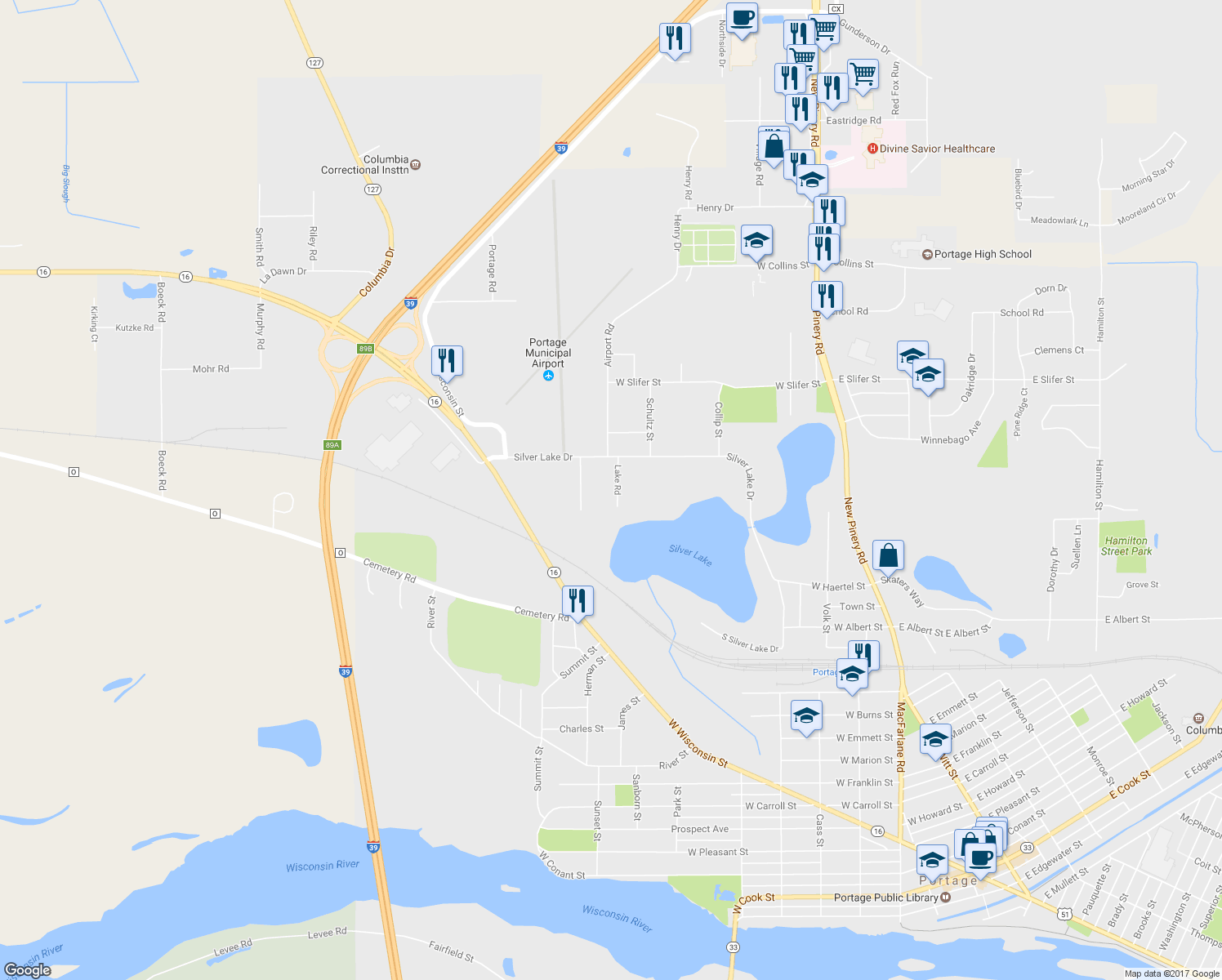 map of restaurants, bars, coffee shops, grocery stores, and more near 112 Lake Road in Portage