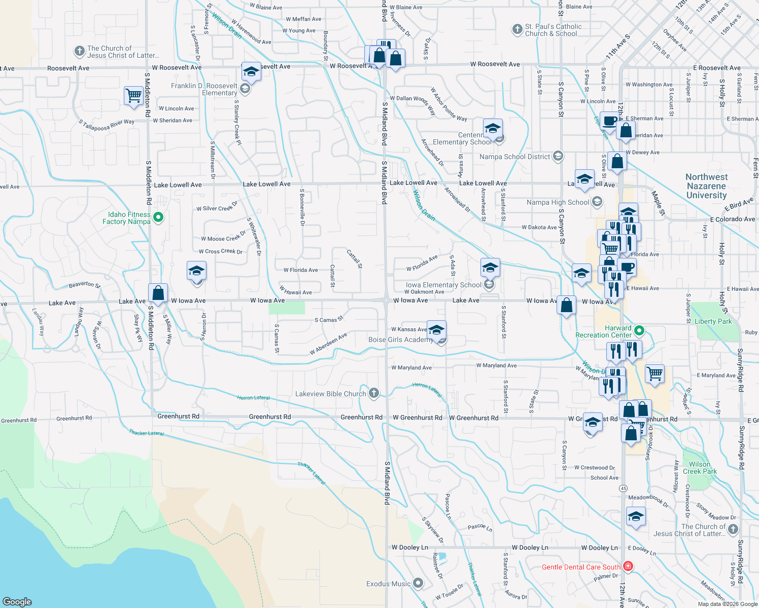 map of restaurants, bars, coffee shops, grocery stores, and more near 1010 West Teton Avenue in Nampa