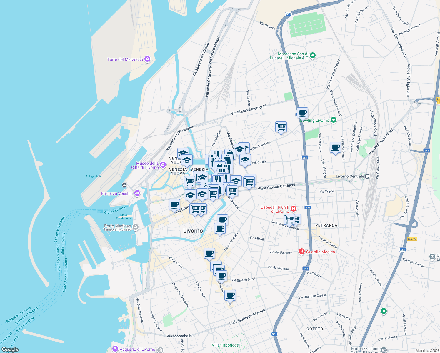 map of restaurants, bars, coffee shops, grocery stores, and more near 24 Via Giuseppe Garibaldi in Livorno