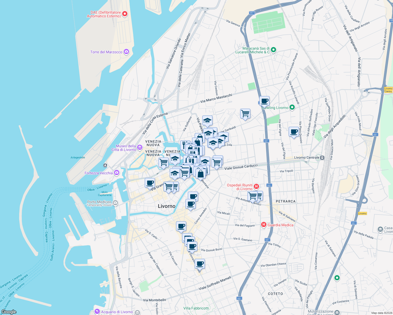 map of restaurants, bars, coffee shops, grocery stores, and more near 59 Via Terrazzini in Livorno