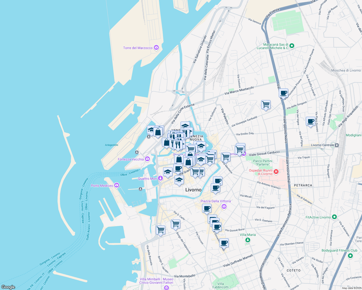 map of restaurants, bars, coffee shops, grocery stores, and more near 34 Via Borra in Livorno