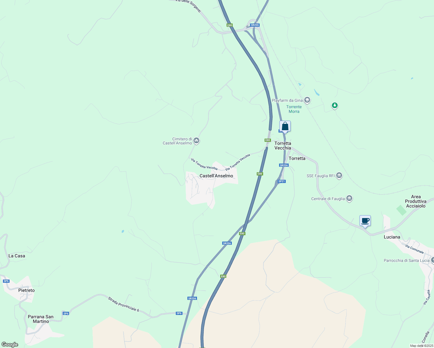 map of restaurants, bars, coffee shops, grocery stores, and more near 50 Via delle Corti in Castell'anselmo