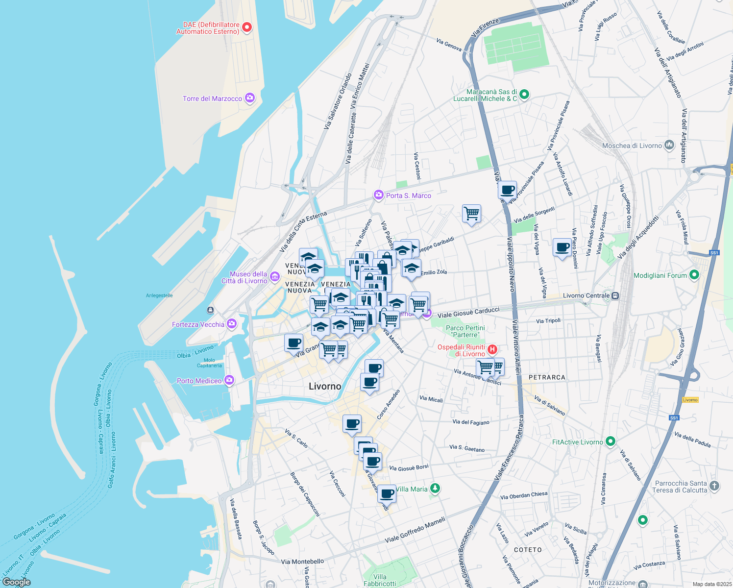 map of restaurants, bars, coffee shops, grocery stores, and more near 24 Via Giuseppe Garibaldi in Livorno