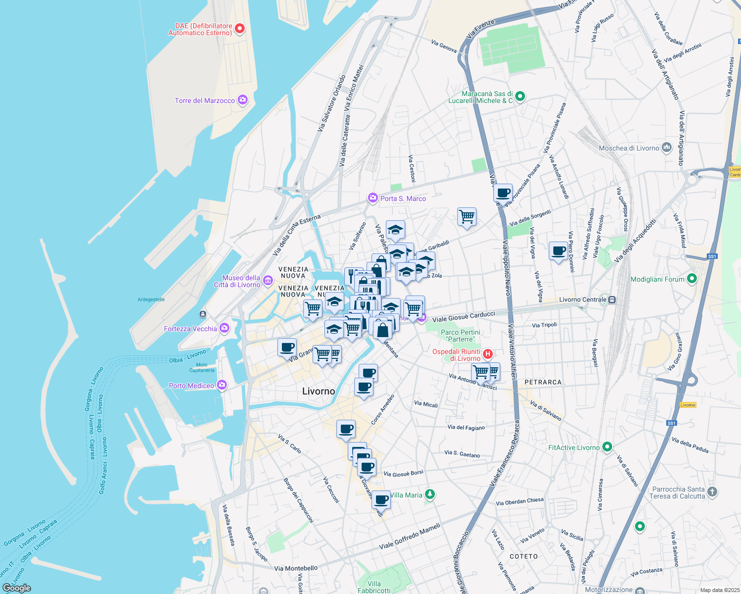 map of restaurants, bars, coffee shops, grocery stores, and more near 24 Via Giuseppe Garibaldi in Livorno