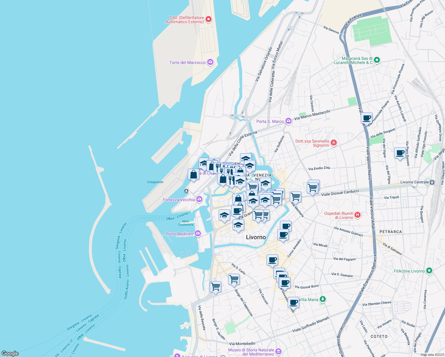map of restaurants, bars, coffee shops, grocery stores, and more near 37 Viale Caprera in Livorno