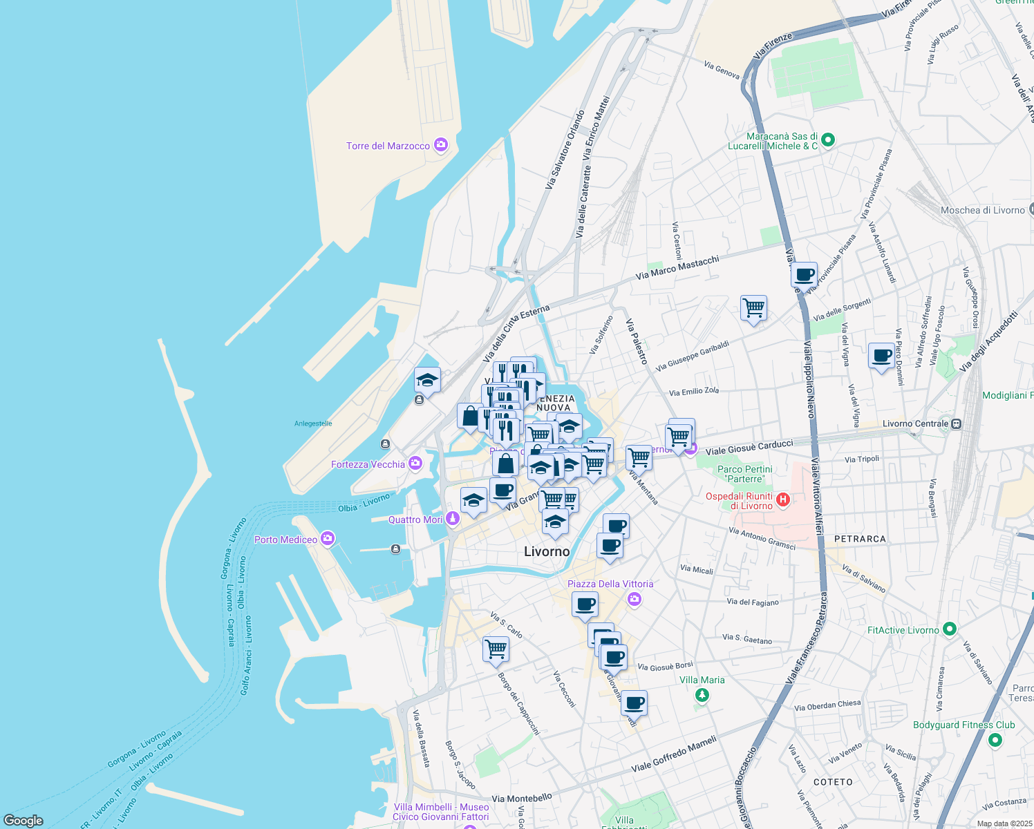 map of restaurants, bars, coffee shops, grocery stores, and more near 22 Scali del Refugio in Livorno