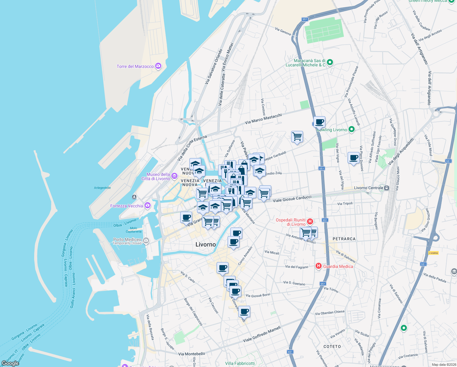 map of restaurants, bars, coffee shops, grocery stores, and more near 24 Via Giuseppe Garibaldi in Livorno