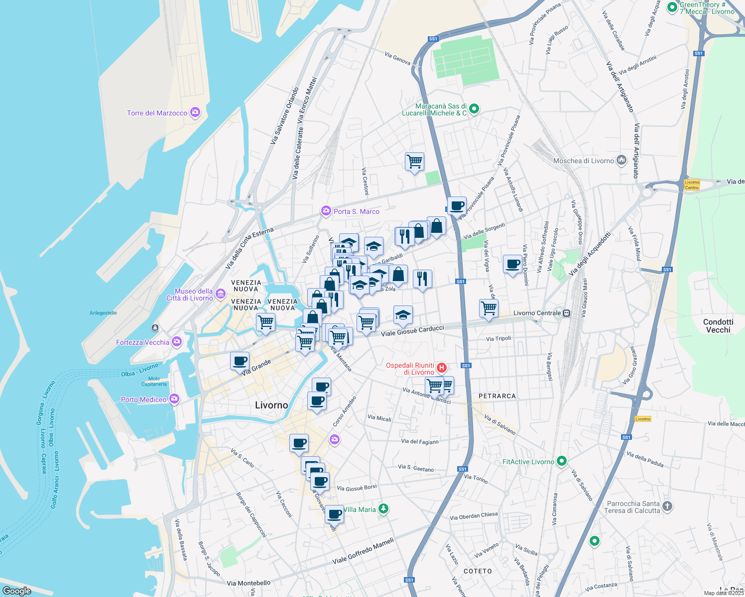 map of restaurants, bars, coffee shops, grocery stores, and more near 2 Via Emilio Zola in Livorno