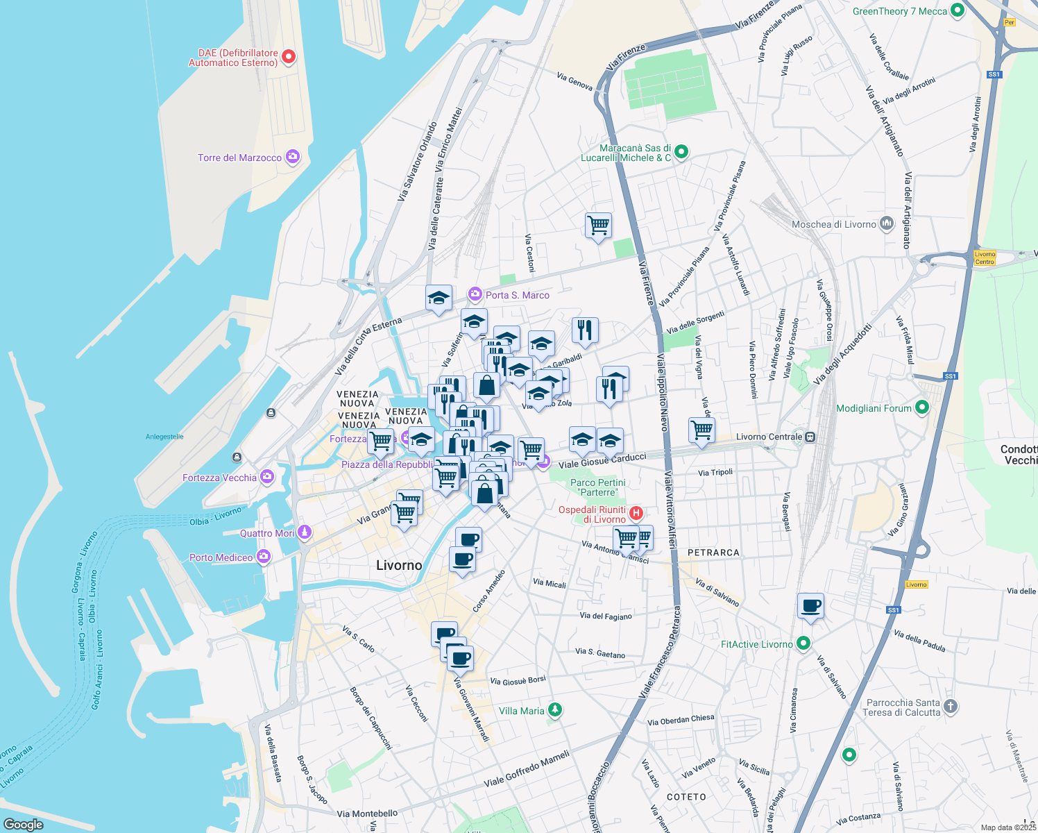 map of restaurants, bars, coffee shops, grocery stores, and more near 68 Via Galileo Galilei in Livorno
