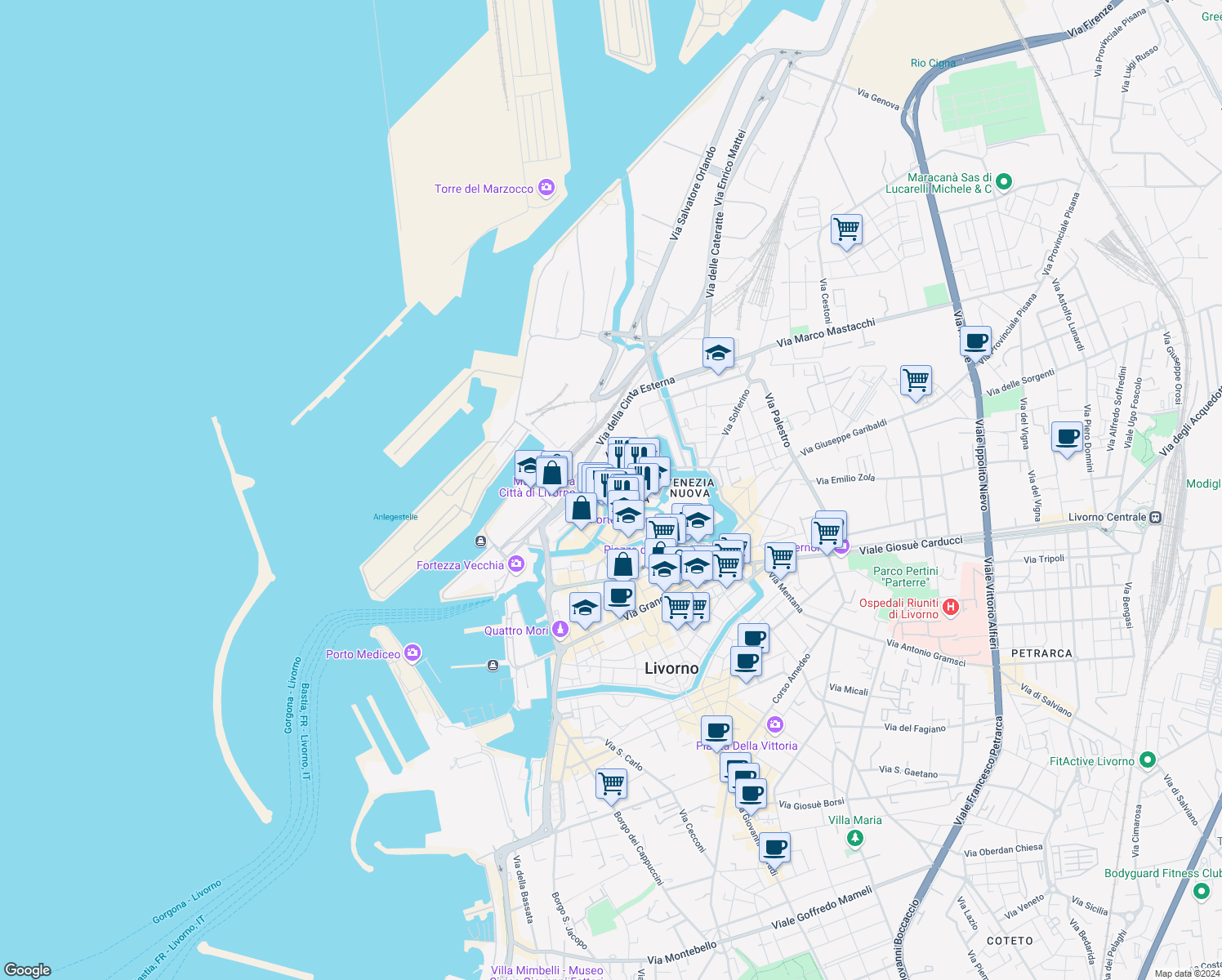 map of restaurants, bars, coffee shops, grocery stores, and more near 13 Via dei Bagnetti in Livorno