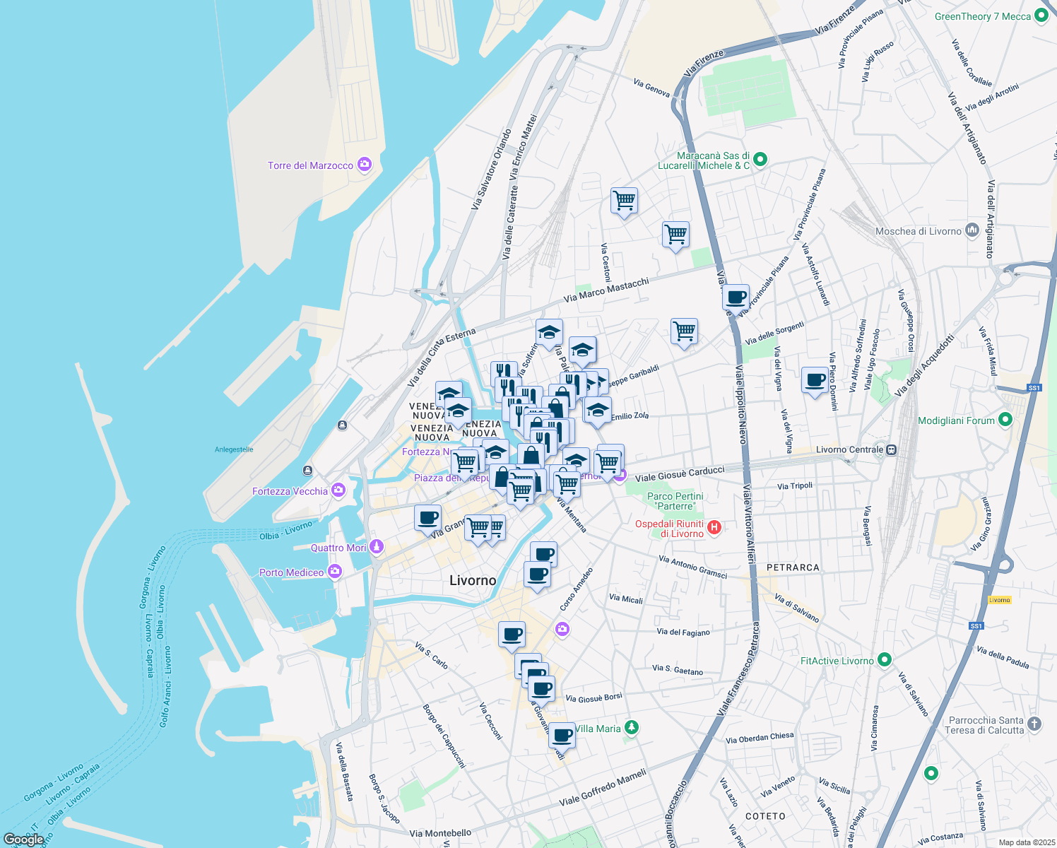 map of restaurants, bars, coffee shops, grocery stores, and more near 10 Via Pompilia in Livorno