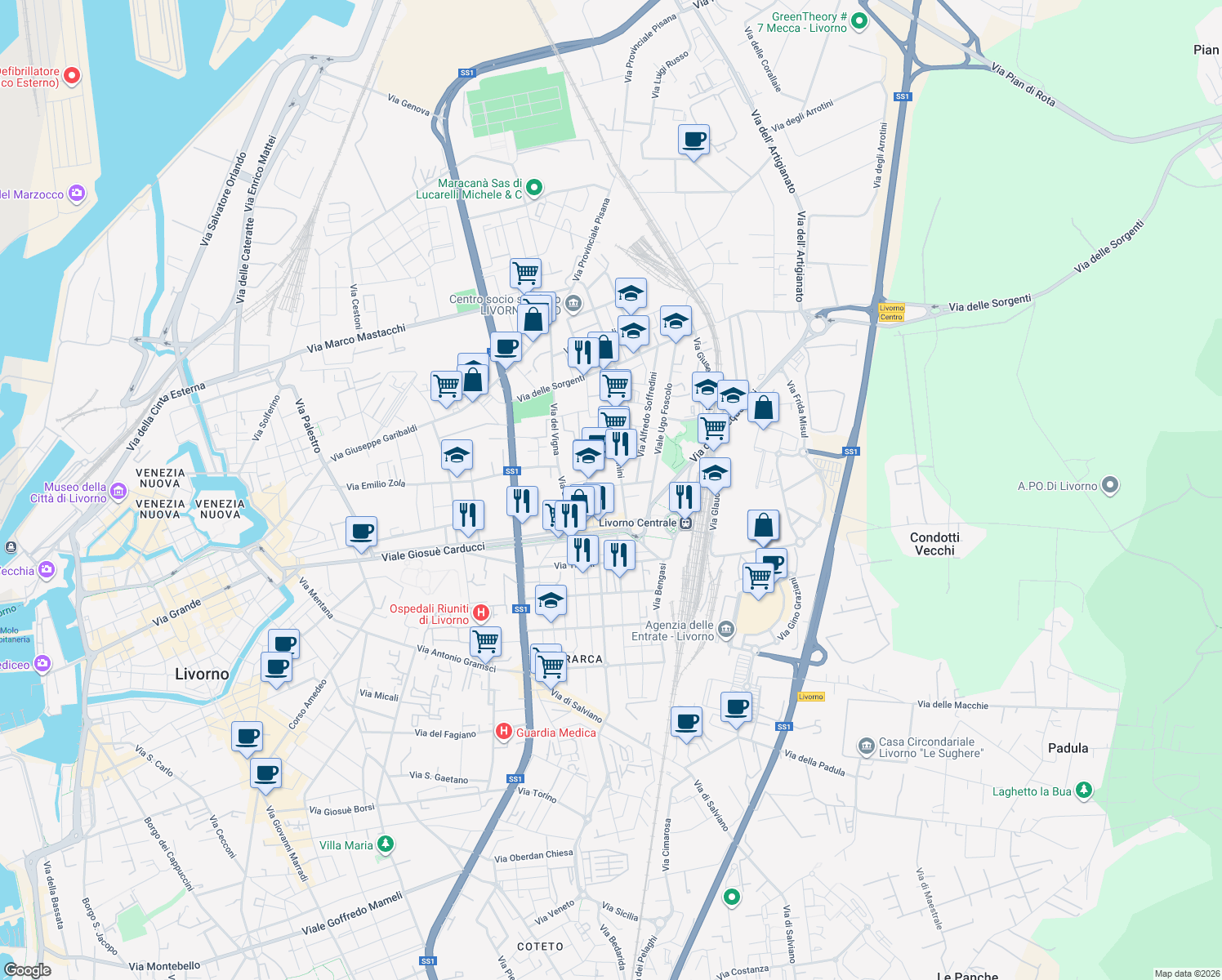 map of restaurants, bars, coffee shops, grocery stores, and more near 21 Via Victor Ezio Marzocchini in Livorno