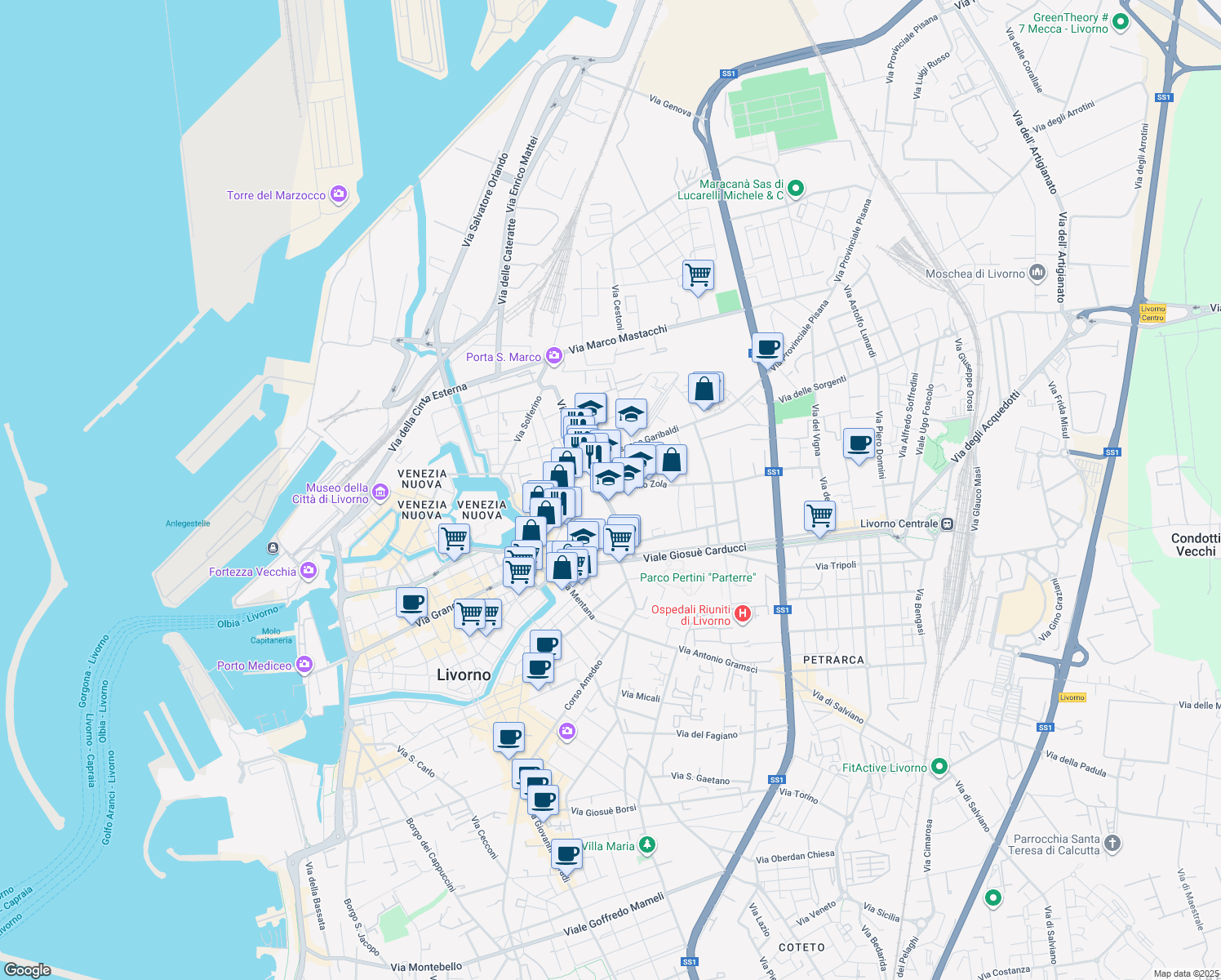 map of restaurants, bars, coffee shops, grocery stores, and more near 68 Via Galileo Galilei in Livorno