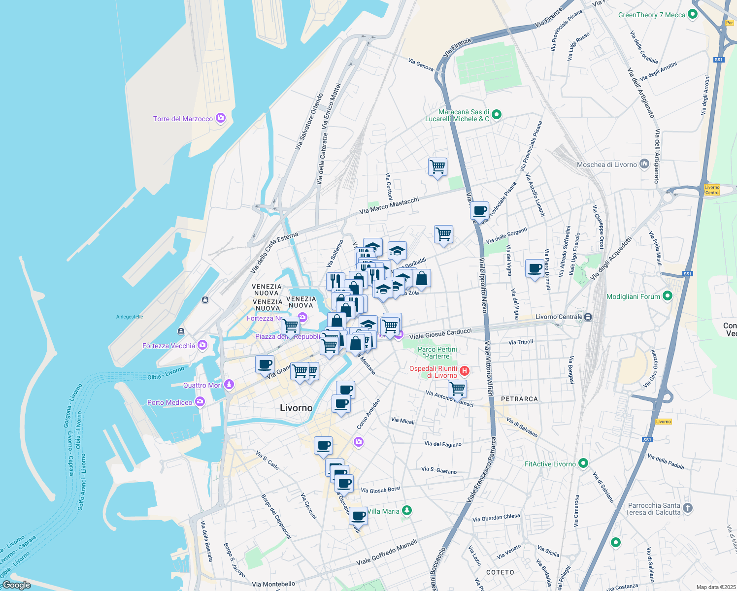 map of restaurants, bars, coffee shops, grocery stores, and more near 136 Via Terrazzini in Livorno