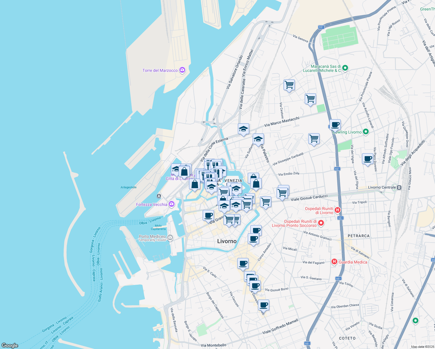 map of restaurants, bars, coffee shops, grocery stores, and more near Via del Casino in Livorno