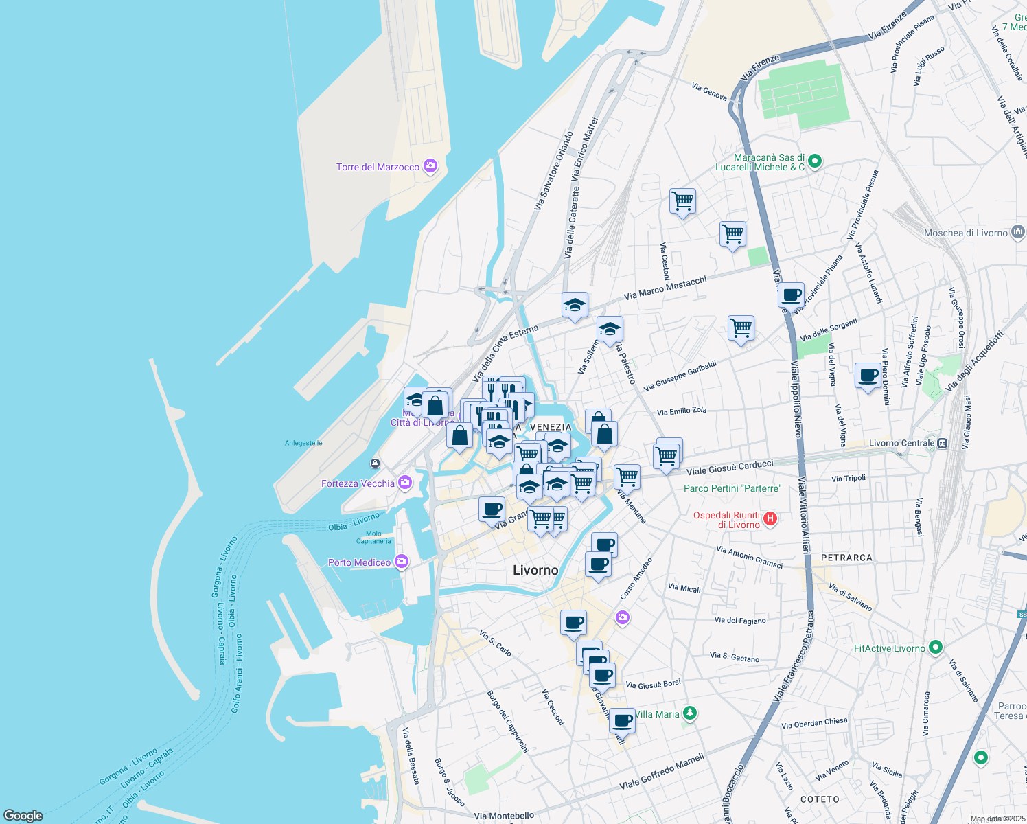 map of restaurants, bars, coffee shops, grocery stores, and more near Via del Casino in Livorno