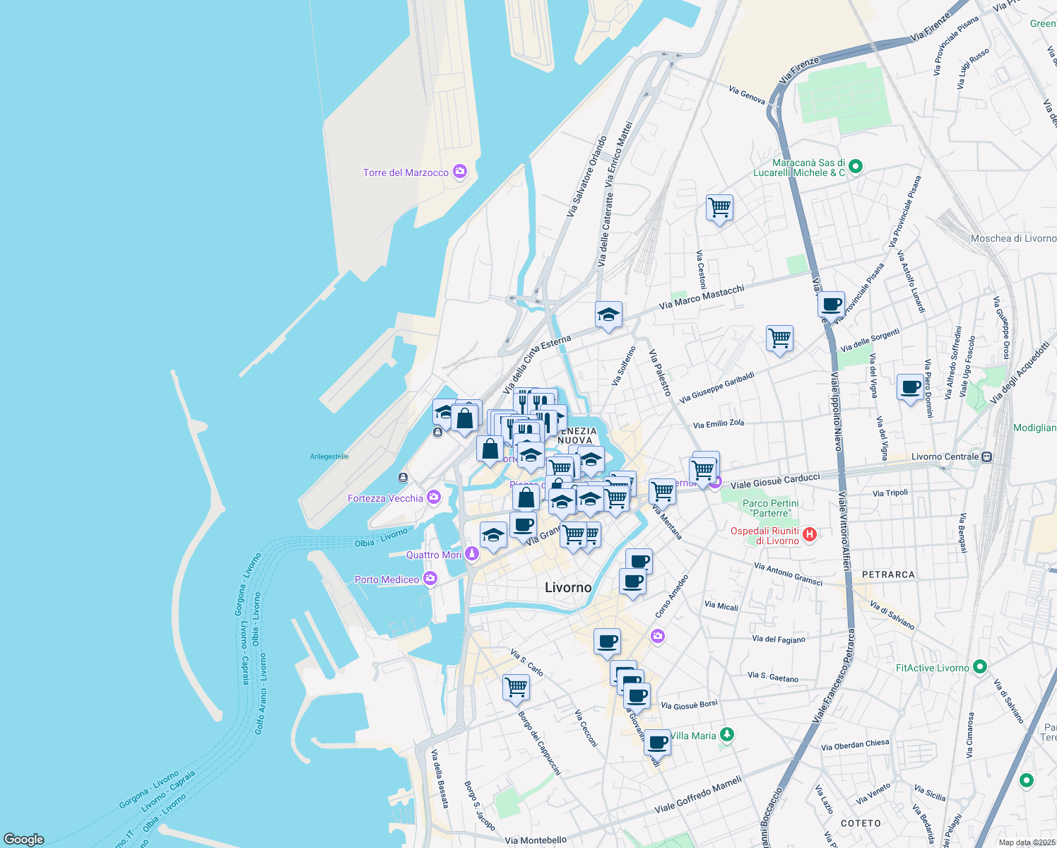 map of restaurants, bars, coffee shops, grocery stores, and more near 13 Via dei Bagnetti in Livorno