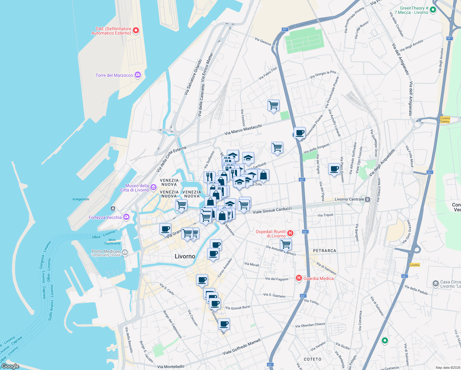 map of restaurants, bars, coffee shops, grocery stores, and more near 136 Via Terrazzini in Livorno