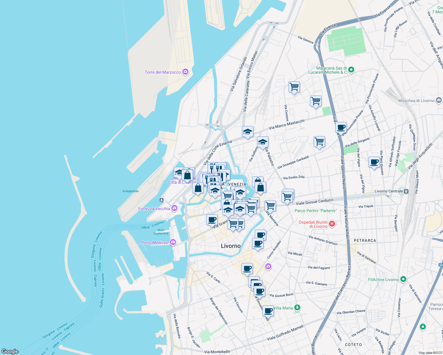 map of restaurants, bars, coffee shops, grocery stores, and more near Via del Casino in Livorno