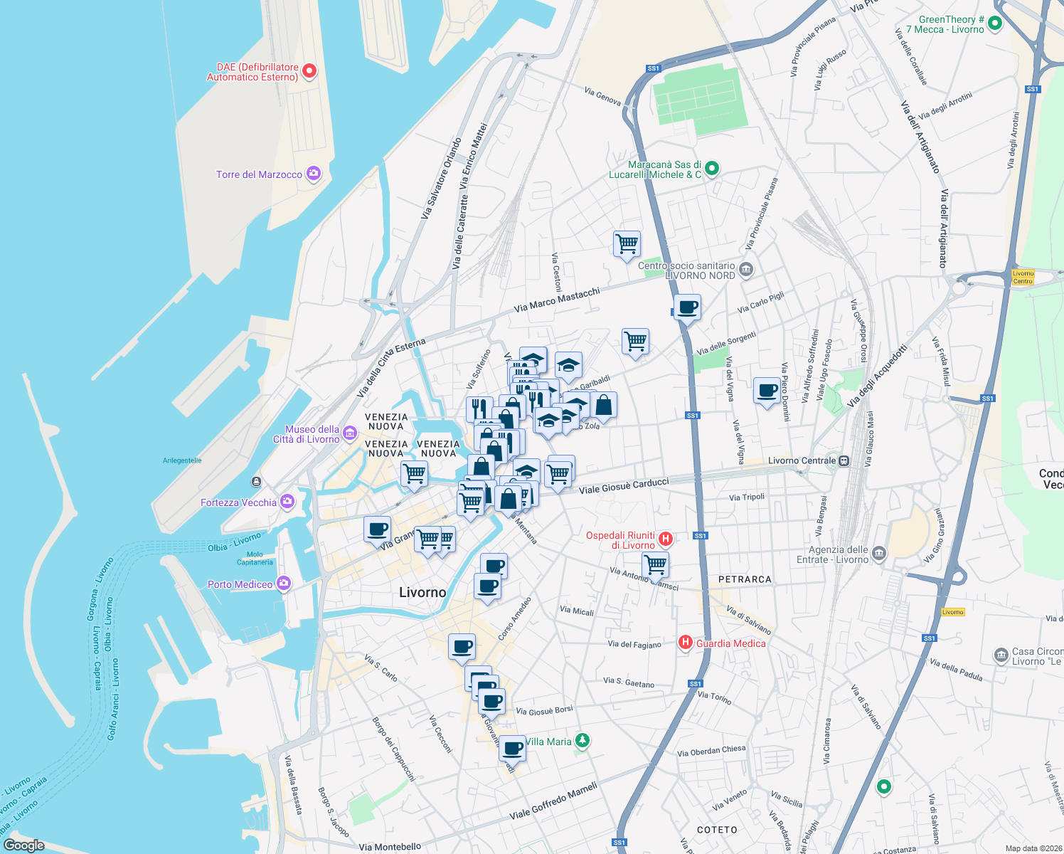 map of restaurants, bars, coffee shops, grocery stores, and more near 136 Via Terrazzini in Livorno