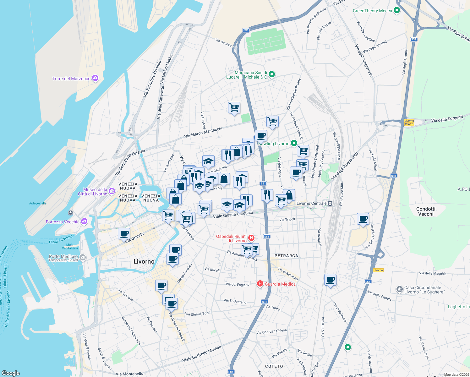 map of restaurants, bars, coffee shops, grocery stores, and more near 36 Via Emilio Zola in Livorno