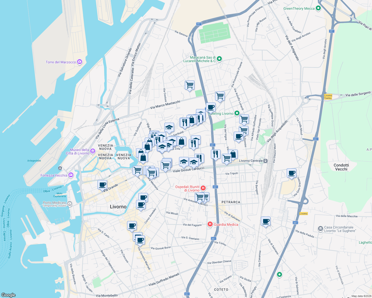 map of restaurants, bars, coffee shops, grocery stores, and more near 36 Via Emilio Zola in Livorno