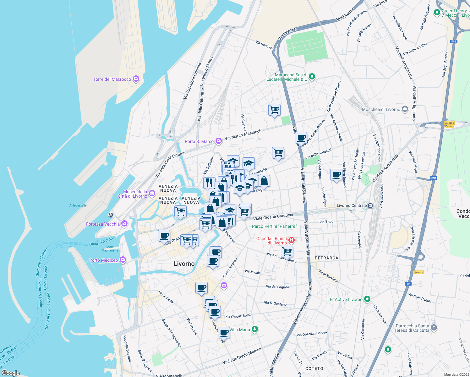 map of restaurants, bars, coffee shops, grocery stores, and more near 136 Via Terrazzini in Livorno