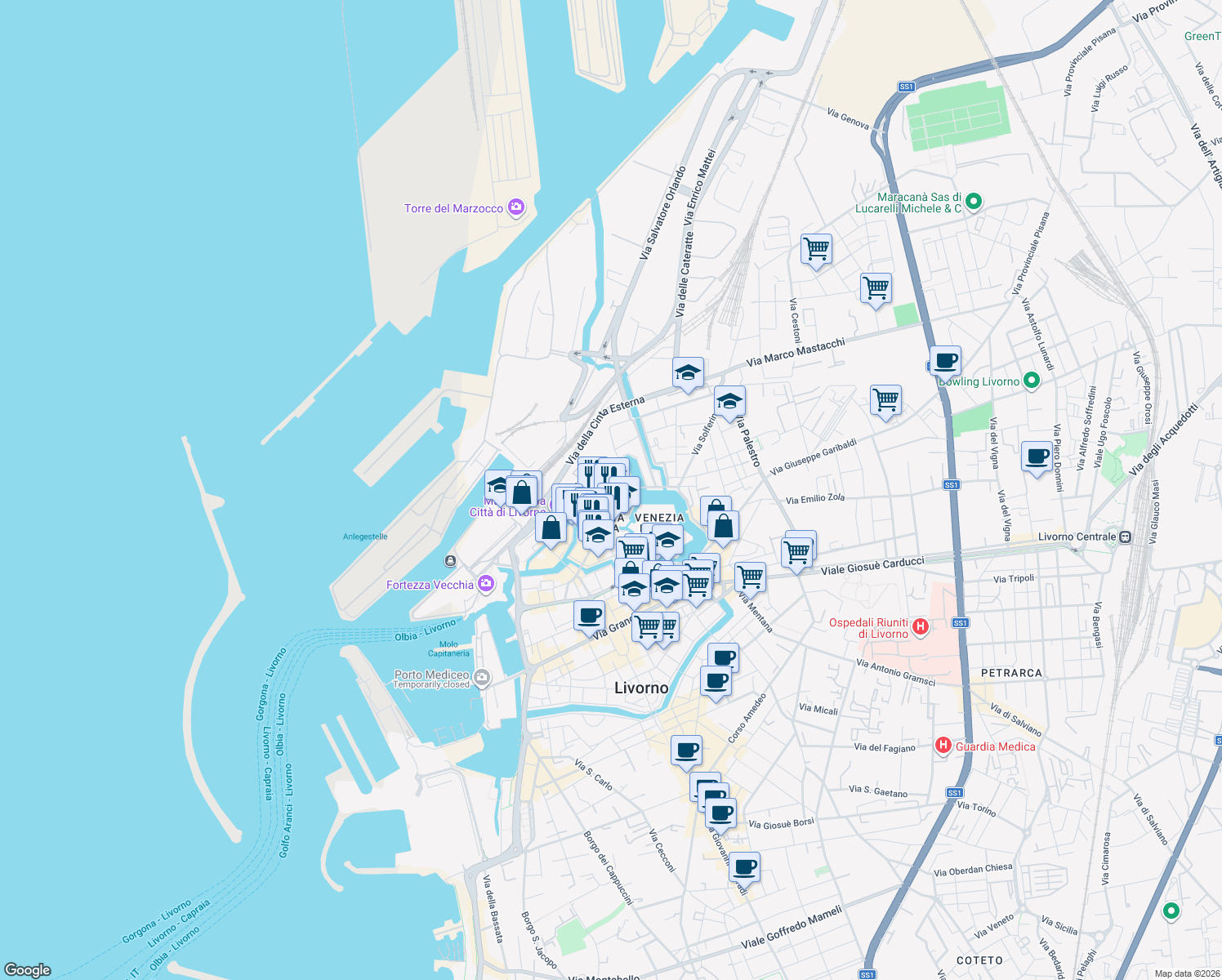 map of restaurants, bars, coffee shops, grocery stores, and more near Via del Casino in Livorno