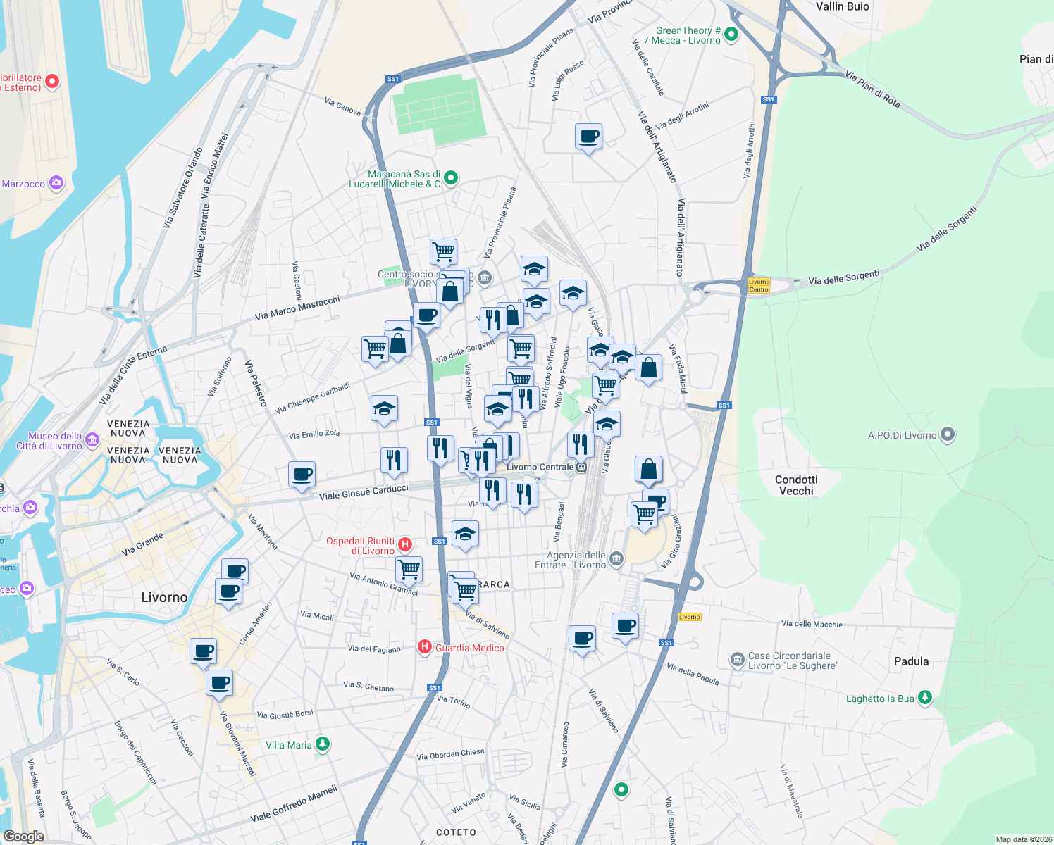 map of restaurants, bars, coffee shops, grocery stores, and more near 21 Via Victor Ezio Marzocchini in Livorno