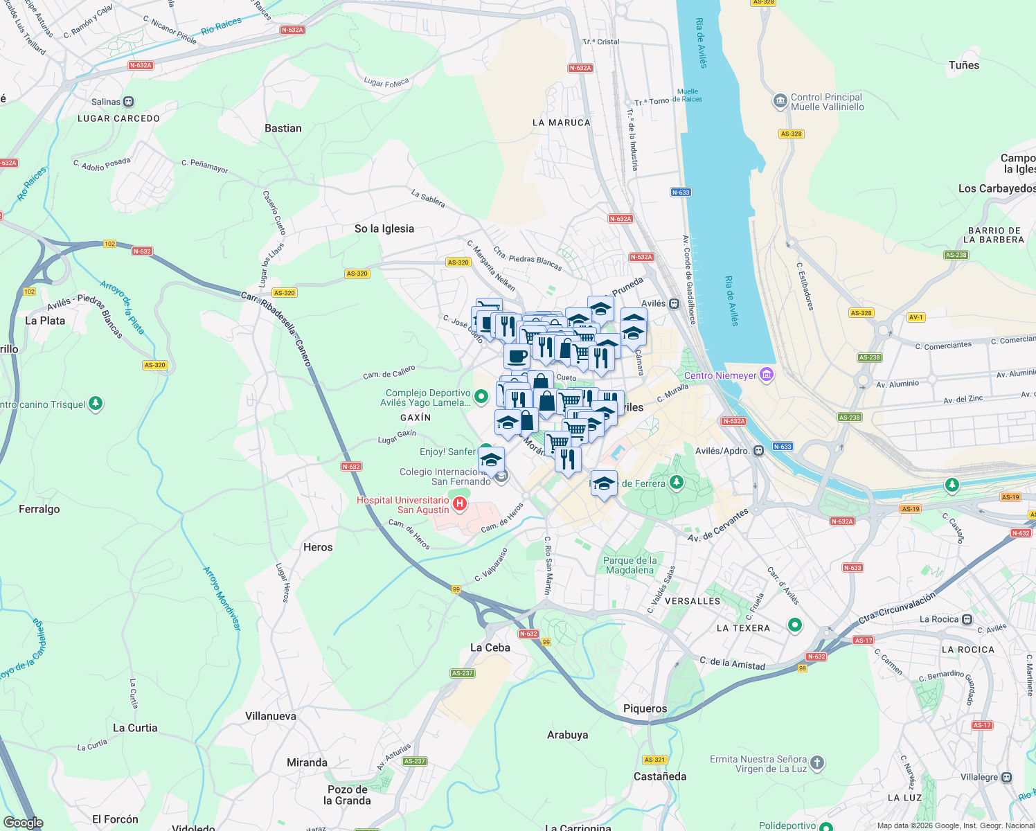 map of restaurants, bars, coffee shops, grocery stores, and more near Calle Fernando Morán in Avilés