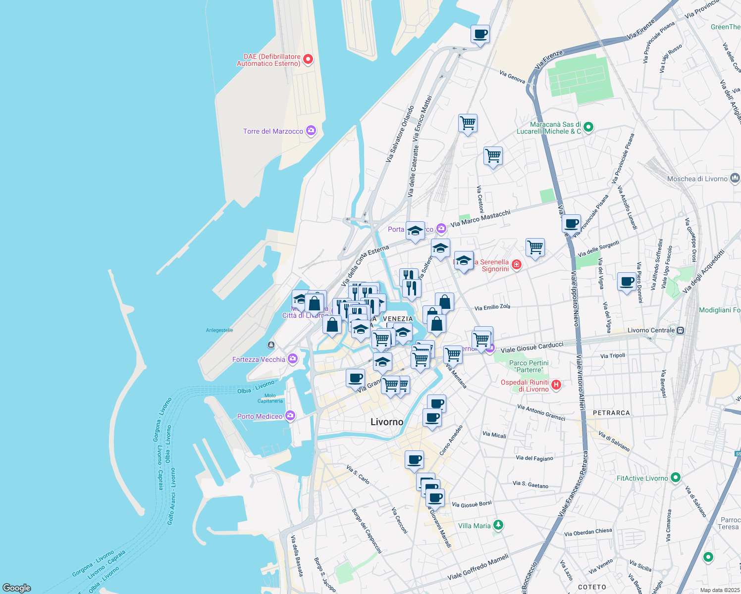 map of restaurants, bars, coffee shops, grocery stores, and more near 7 Via Castelli in Livorno