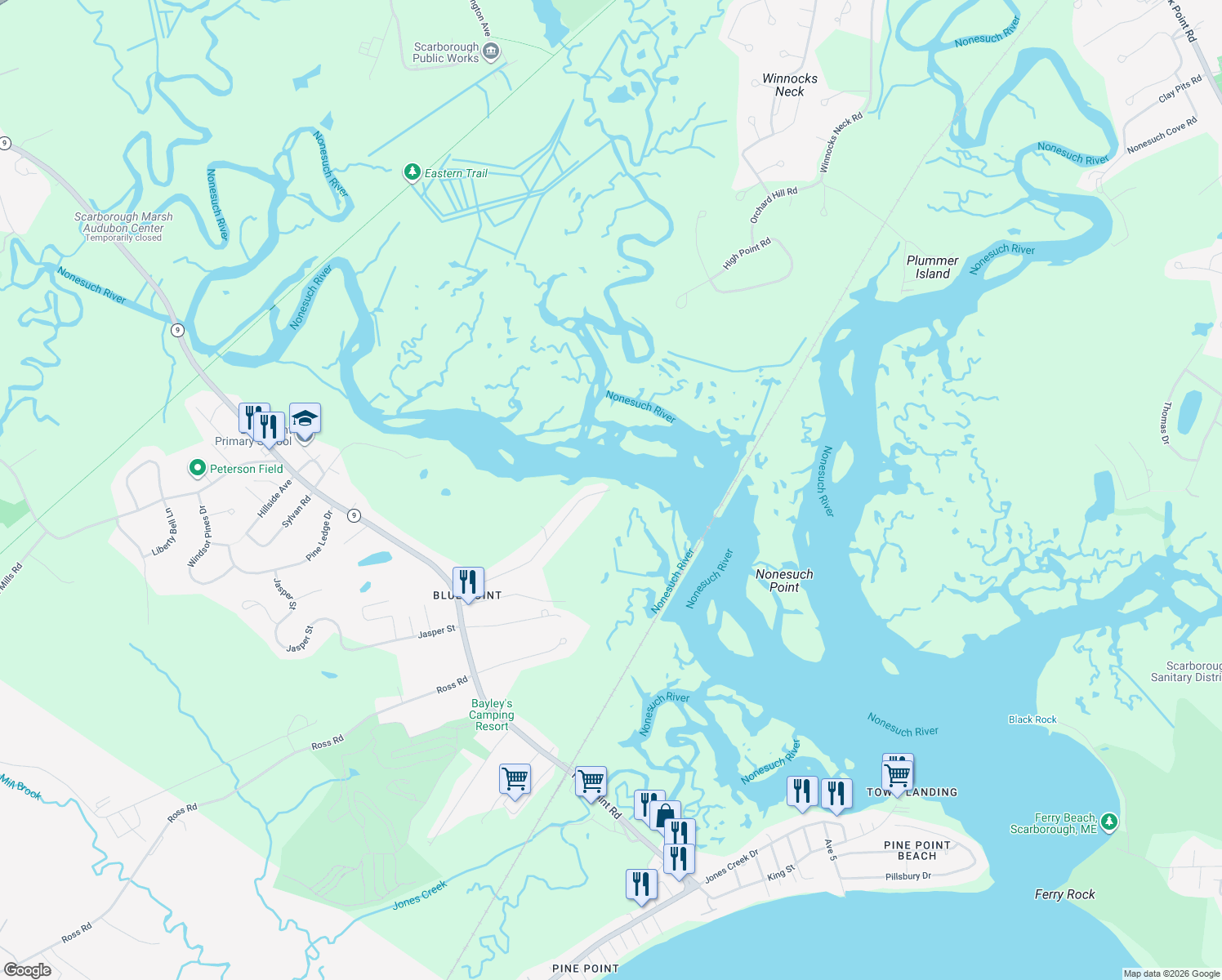 map of restaurants, bars, coffee shops, grocery stores, and more near 53 Seaveys Landing Rd in Scarborough