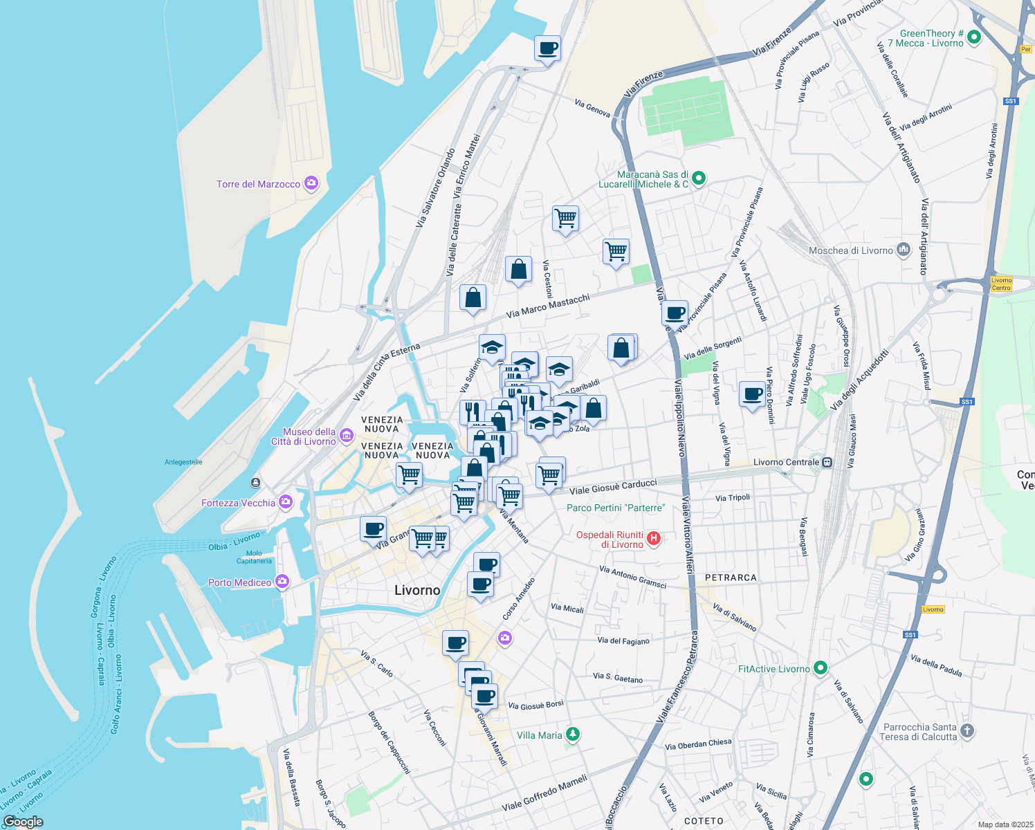 map of restaurants, bars, coffee shops, grocery stores, and more near 26 Via Palestro in Livorno