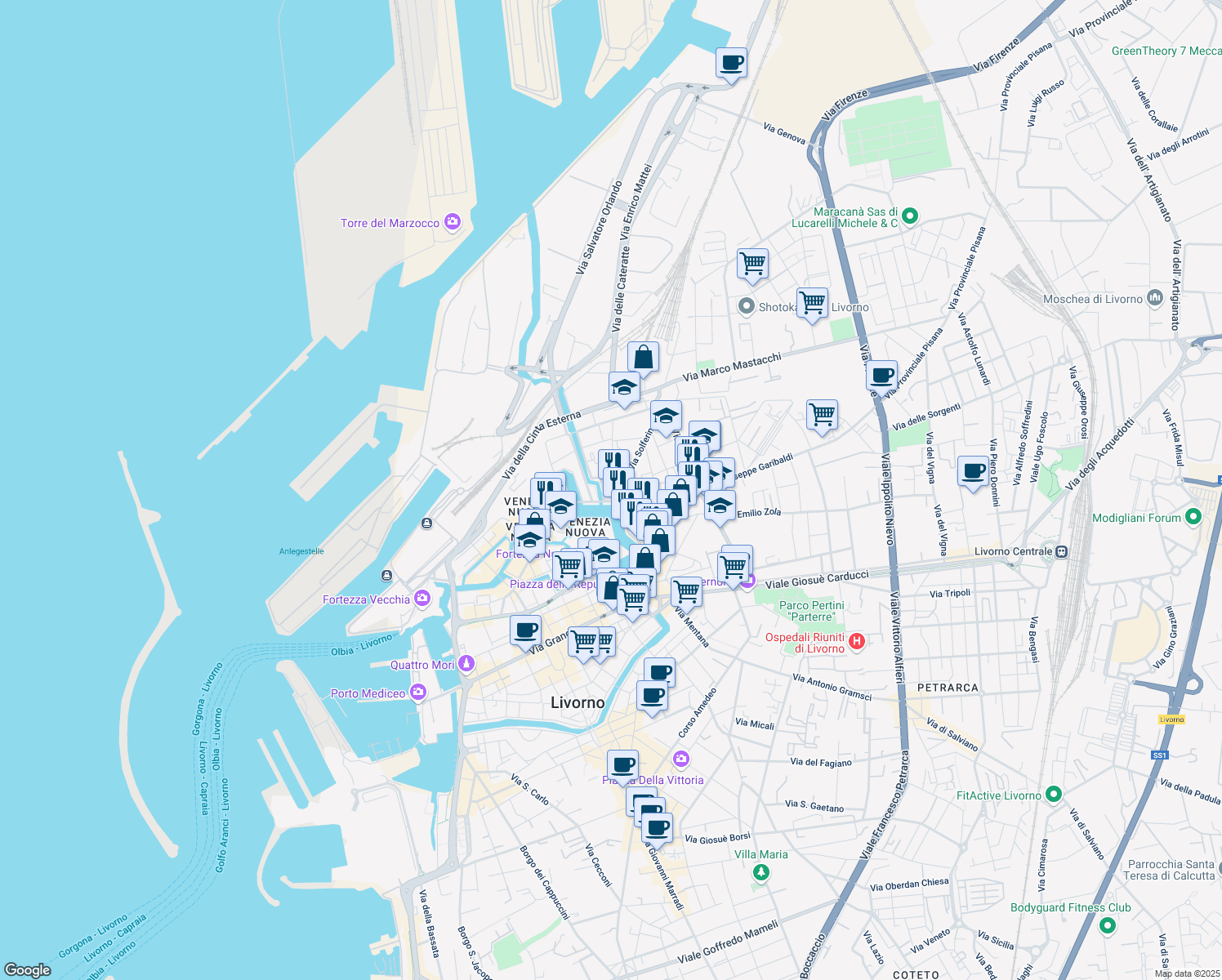map of restaurants, bars, coffee shops, grocery stores, and more near 3 Via Torretta in Livorno