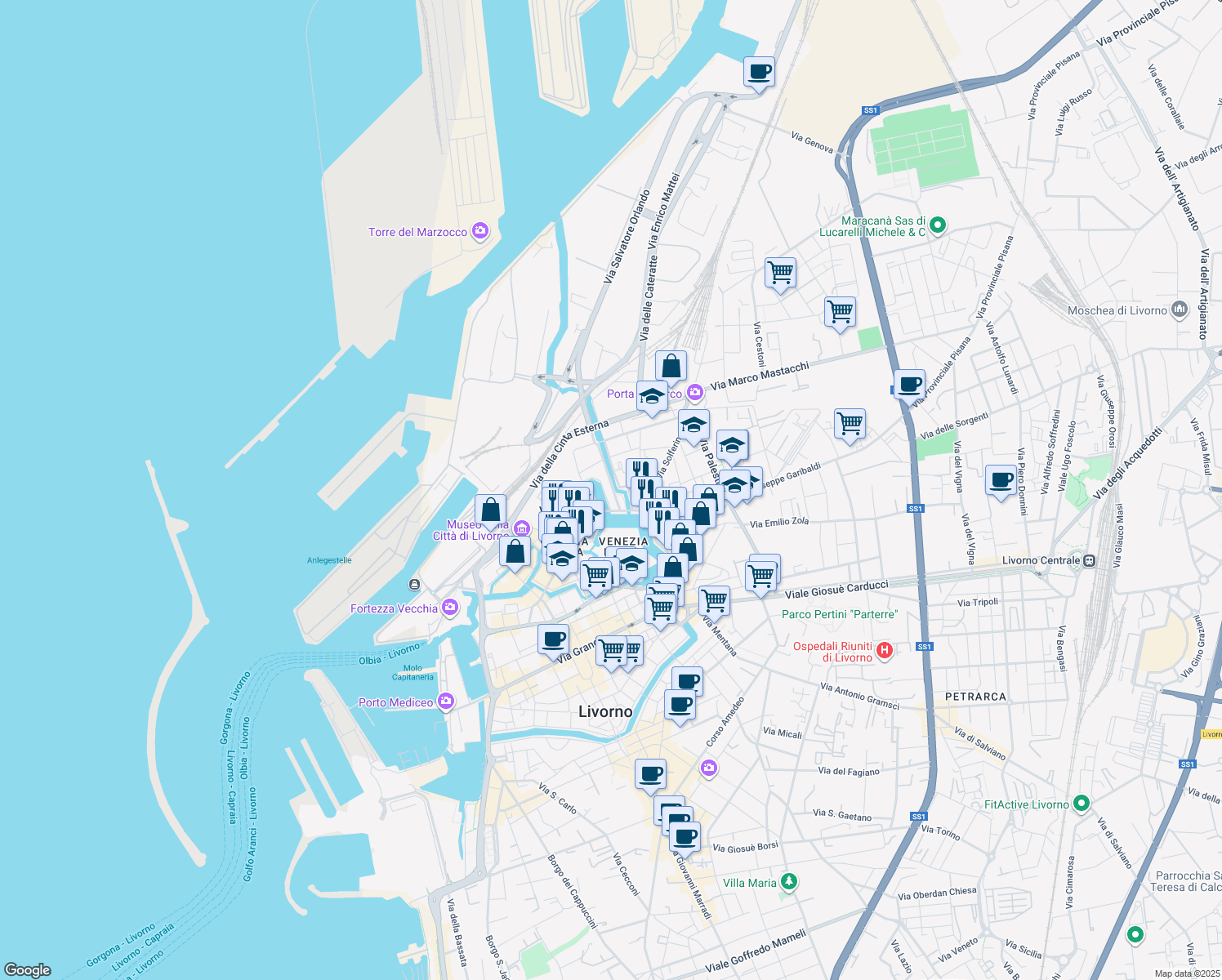 map of restaurants, bars, coffee shops, grocery stores, and more near 19 Via degli Scali della Dogana D'Acqua in Livorno