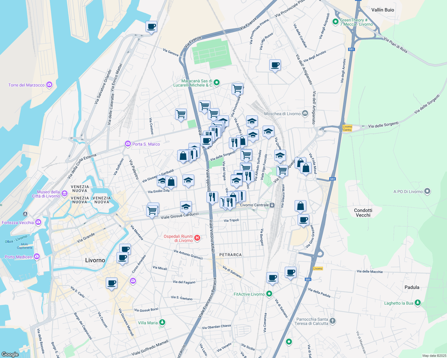 map of restaurants, bars, coffee shops, grocery stores, and more near 113 Via del Vigna in Livorno